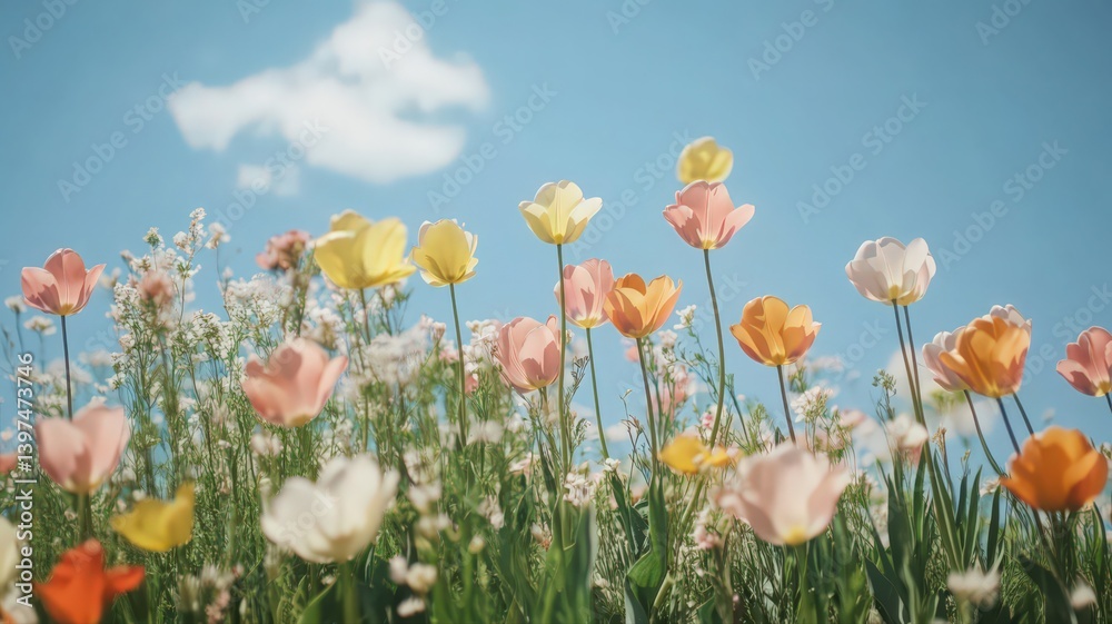 Vibrant Tulips Field with Blue Sky Spring Bloom Landscape Floral Garden in Nature Colorful Petals and Green Grasses in Sunny Day Tranquil Ecological Backdrop