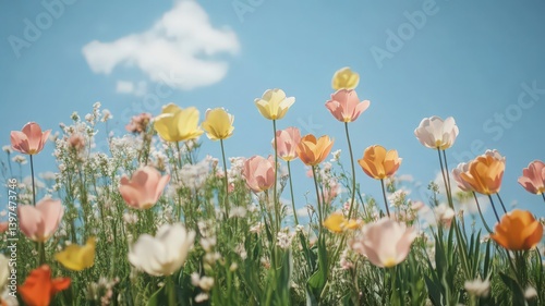 Obraz na płótnie Vibrant Tulips Field with Blue Sky Spring Bloom Landscape Floral Garden in Nature Colorful Petals and Green Grasses in Sunny Day Tranquil Ecological Backdrop w salonie