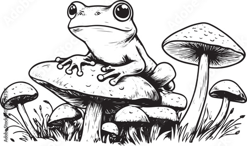 Cute  frog near isolated red poison amanita mushroom in green nature 