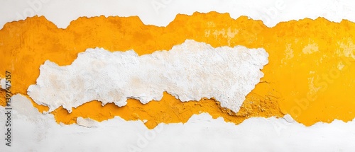 Yellow and white peeling paint detail on rough cement wall showing timeworn textures in a gritty surface decay high resolution distressed plaster backdrop