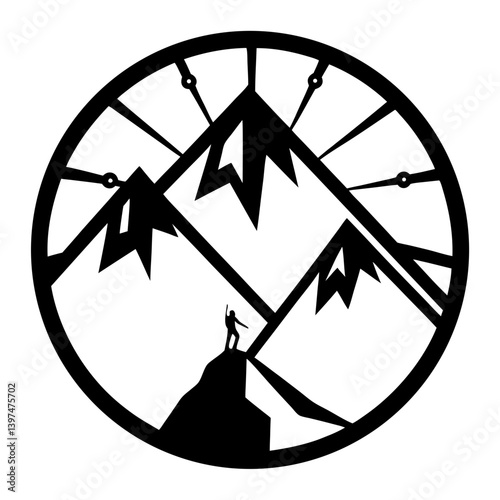 Silhouette of a Climber Conquering Majestic Mountains within a Circular Frame