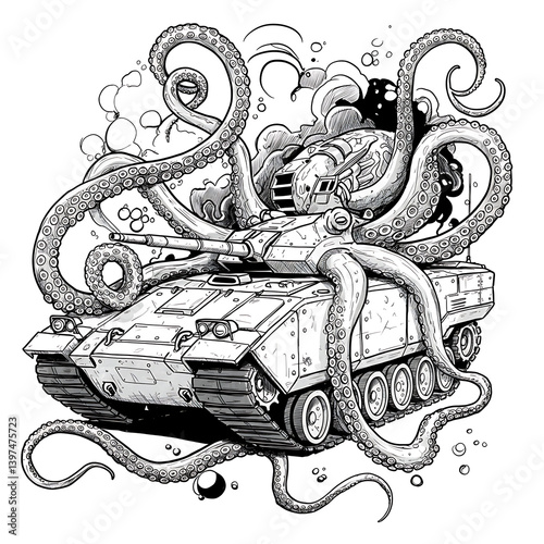 Military Tank Grappled by Giant Octopus Ink Illustration Graphic Design art war sea dark ocean black