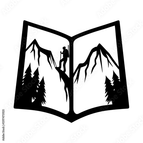 Mountain Adventure Book Climber Hiking Guide Travel Explore Journey Expedition Peak Summit Wilderness Nature Landscape Open Book Silhouette