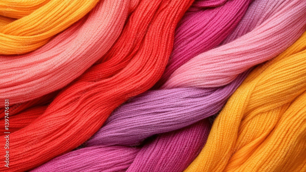 Vibrant Yarns Twisted Together in Shades of Orange Pink Red and Purple Showcasing Texture Color Fiber Art and Material with a Soft and Detailed Appearance