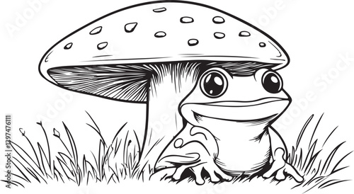 Cute  toadstool mushroom  a nature and frog