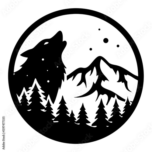 Majestic Wolf Howling Under the Starry Night Sky with Mountain and Forest Silhouette