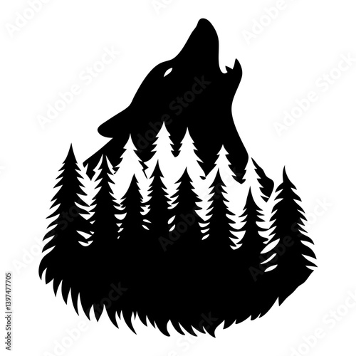 Majestic Wolf Howling at the Moon in a Pine Forest Silhouette Artwork
