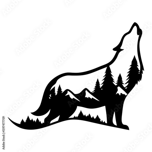 Majestic Wolf Howling at the Mountains and Forest Silhouette Artwork