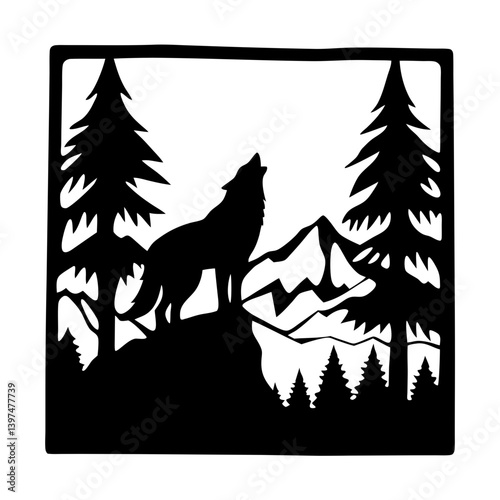 Majestic Wolf Howling in Mountainous Pine Forest Silhouette Artwork