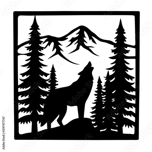 Silhouette of a howling wolf in a majestic mountain forest scene artwork