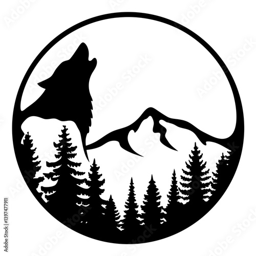 Majestic Wolf Howling at the Moon in Mountainous Forest Silhouette Artwork