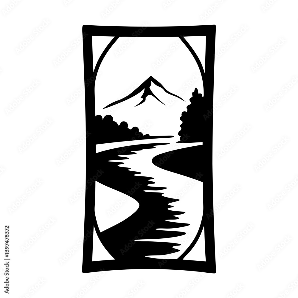 Serene Mountain River Landscape Framed in Black Artistic Design Graphic Illustration Serene Mountain River Landscape Framed in Black Artistic Design Graphic Illustration