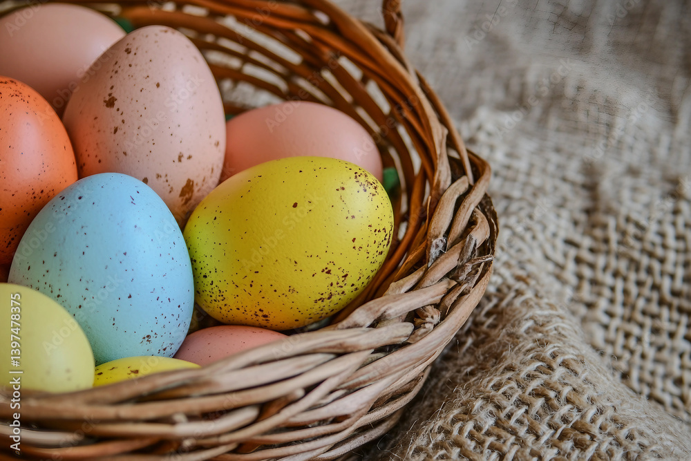 Generative AI image of Easter basket with traditional sweet bread, colorful painted eggs, spring flowers and candle in cozy holiday setting Generative AI image of Easter basket with traditional sweet bread, colorful painted eggs, spring flowers and candle in cozy holiday setting
