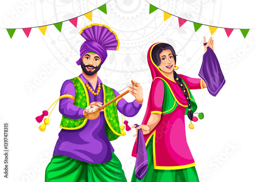 Vector illustration of Sikh Punjabi couple dancing folk dance bhangra on holiday like Lohri or Baisakhi