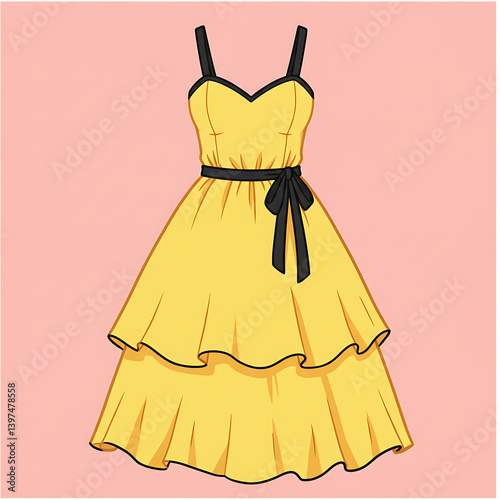 Elegant Yellow Summer Dress Fashion Design Illustration bow art girl belt cute style woman retro    