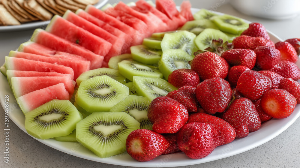 Colorful Fruit Arrangement with Strawberries, Watermelon, and Kiwi Colorful Fruit Arrangement with Strawberries, Watermelon, and Kiwi