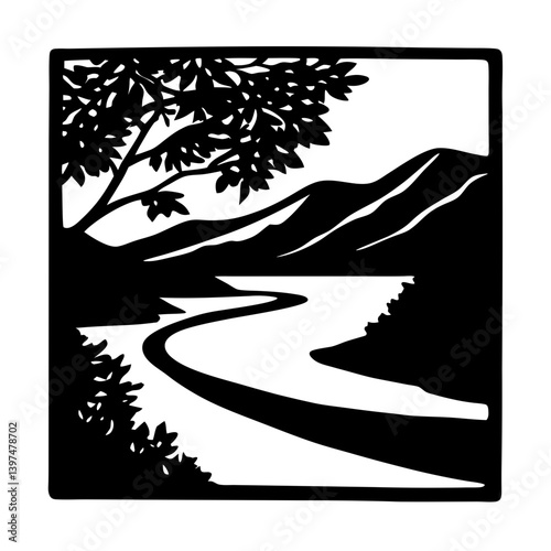 Serene landscape illustration of a winding river flowing through a mountainous region under a tree