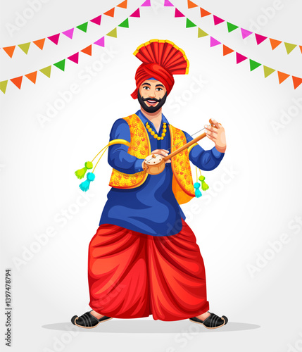 Sikh Punjabi man with wooden iktara dancing folk dance bhangra on occasions like Lohri or Baisakhi