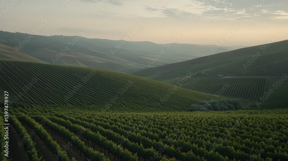 Vineyard Hills at Sunrise: Lush Green Rows and Soft Morning Light