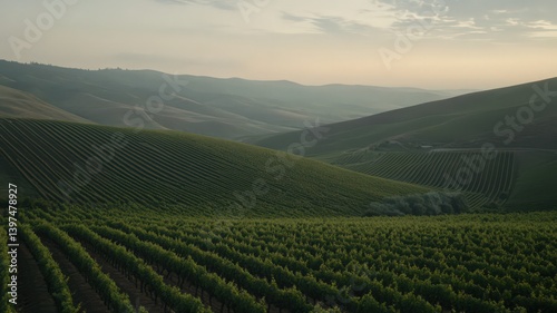 Obraz na płótnie Vineyard Hills at Sunrise: Lush Green Rows and Soft Morning Light w salonie