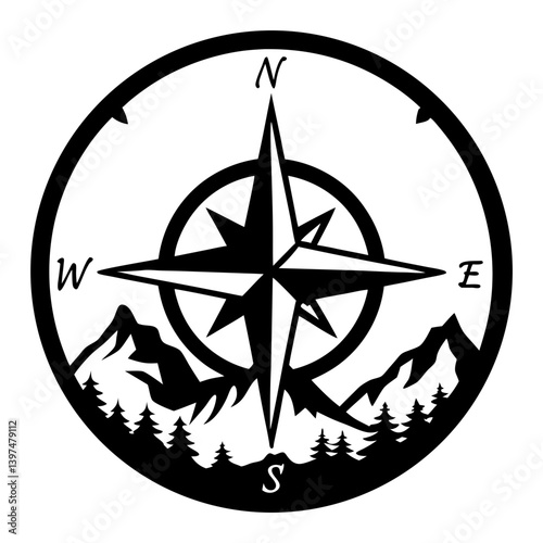 Mountain Landscape with Compass Rose and Cardinal Directions