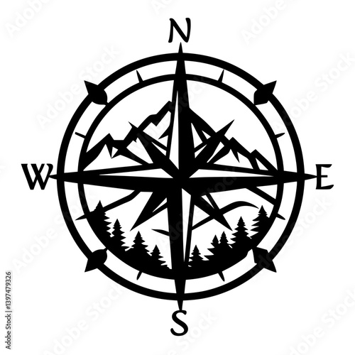Mountain Adventure Compass Rose Black and White Graphic Design Image