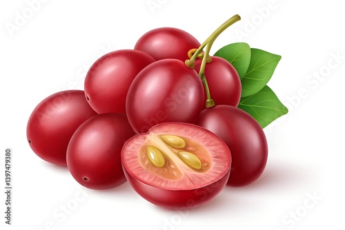 Red Grapes Bunch with Half Cut Grape and Green Leaves Isolated on White