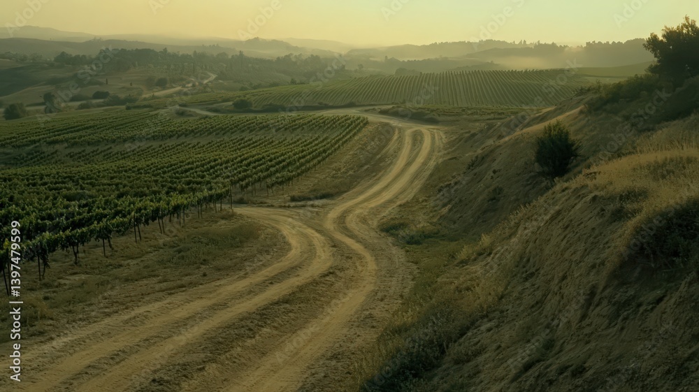 Vineyard Landscape at Sunrise: Rolling Hills and Dirt Road