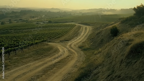 Obraz na płótnie Vineyard Landscape at Sunrise: Rolling Hills and Dirt Road w salonie