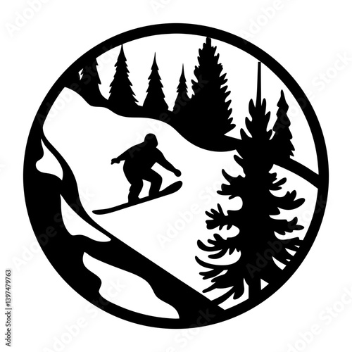 Snowboarder carving down snowy mountain slope in winter wonderland with tall pine trees