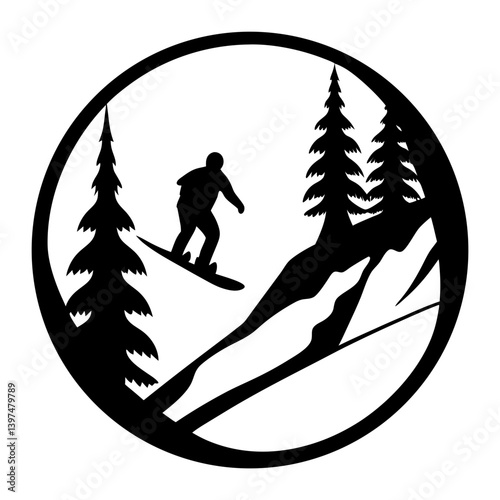 Snowboarder carving down snowy mountain slope winter landscape design