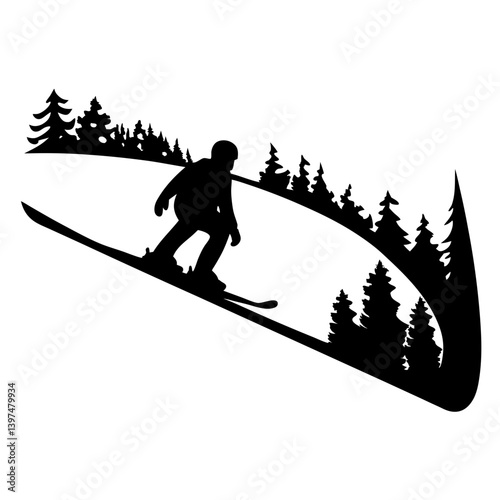 Silhouette of a Skier Downhill Skiing on a Snowy Mountain Slope Surrounded by Pine Trees Winter Sports Recreation