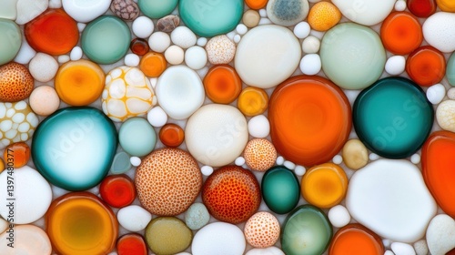Spherical cells and bubbles in varying sizes and colors clustered together forming vibrant scientific biomaterial texture in abstract microscopic wallpaper