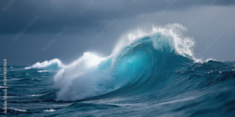 The ocean is rough and the waves are crashing. The sky is cloudy and the water is blue The ocean is rough and the waves are crashing. The sky is cloudy and the water is blue