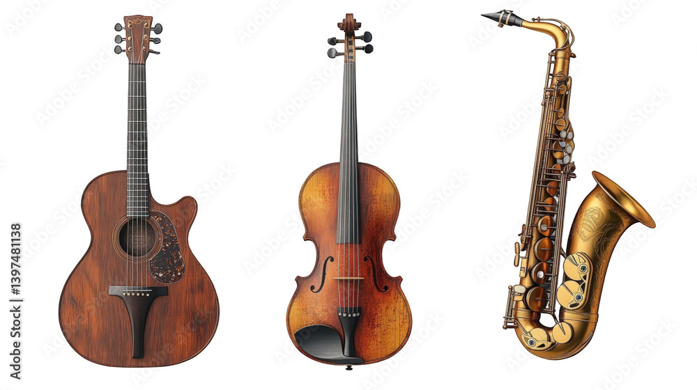 Naklejka premium A collection of three musical instruments an acoustic guitar, a violin, and a saxophone, showcasing craftsmanship