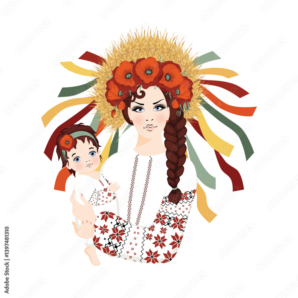 Ukrainian Woman holds baby girl in her arms, Woman and child dressed in traditional embroidered clothes and wreath with poppies and wheat spikelets with ribbons Ukrainian Woman holds baby girl in her arms, Woman and child dressed in traditional embroidered clothes and wreath with poppies and wheat spikelets with ribbons