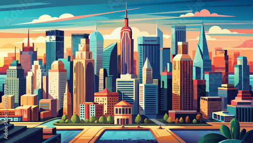 Cityscape of New York City with skyscrapers from a high panoramic viewpoint