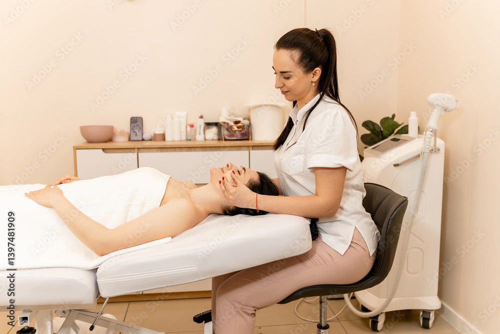 Face Fitness. Beautiful woman receiving face lifting massage in beauty salon.Lymphatic drainage face massage Face Fitness. Beautiful woman receiving face lifting massage in beauty salon.Lymphatic drainage face massage