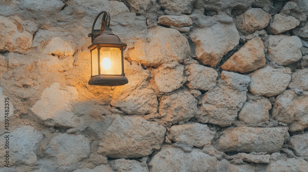 Vintage Lantern Illuminating a Rustic Stone Wall with Warm Light Creating Rich Textures and an Inviting Ambiance