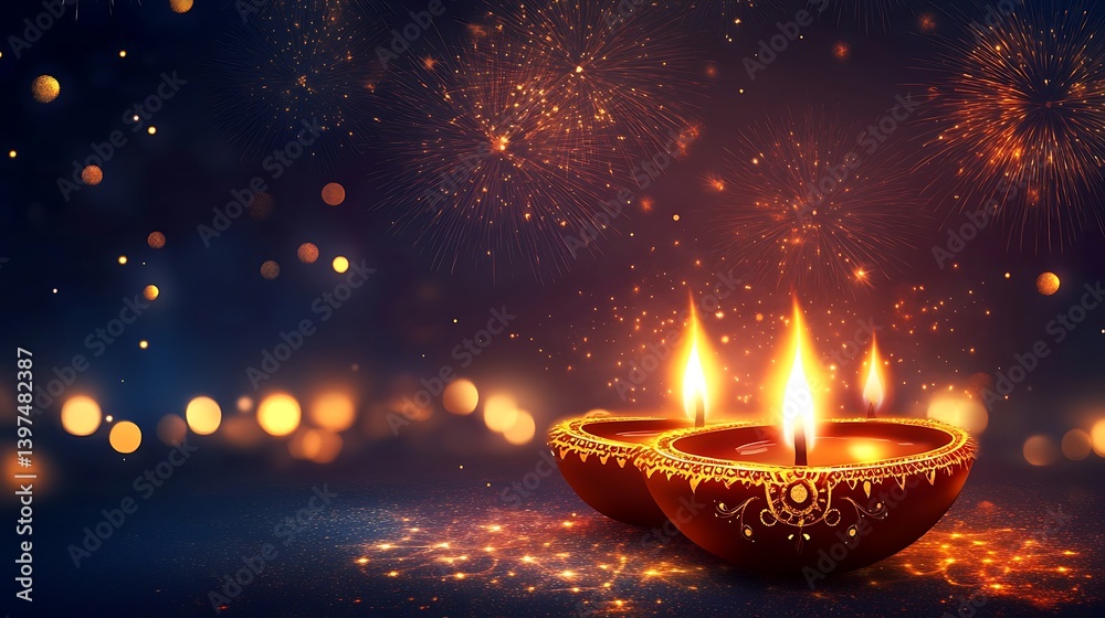 Diwali evening with sparkling diyas and beautiful bokeh lights high resolution picture Diwali evening with sparkling diyas and beautiful bokeh lights high resolution picture