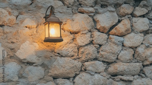 Obraz na płótnie Vintage Lantern Illuminating a Rustic Stone Wall with Warm Light Creating Rich Textures and an Inviting Ambiance w salonie