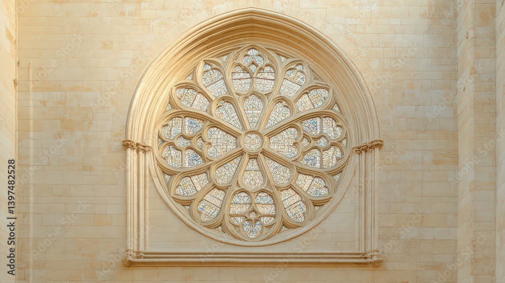 Vintage Rose Window Detailed Stone Work on Beige Wall with Intricate Geometric Patterns Architecture Decorative Stone Work