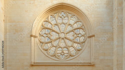 Obraz na płótnie Vintage Rose Window Detailed Stone Work on Beige Wall with Intricate Geometric Patterns Architecture Decorative Stone Work w salonie