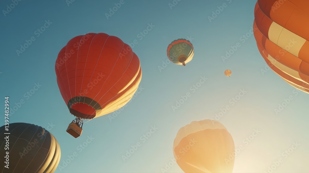 Voxel Art Style Hot Air Balloons Floating Under a Clear Blue Sky with Bright Sunlight Effect in Upward Angle