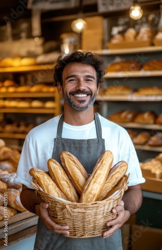Smiling baker holding fresh baguettes in a local bakery during morning hours