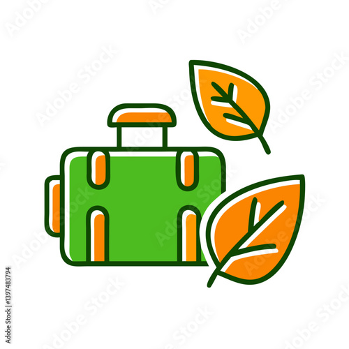 Eco-tourism icon showcasing a green suitcase surrounded by leaves  
