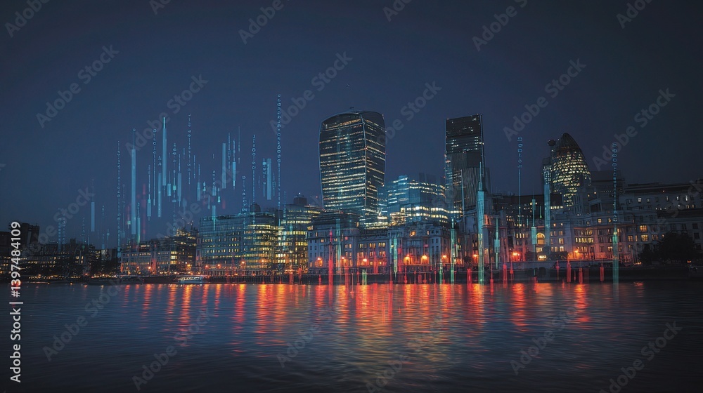 Fototapeta premium Night Skyline with Stock Exchange Buildings and Reflections on Water