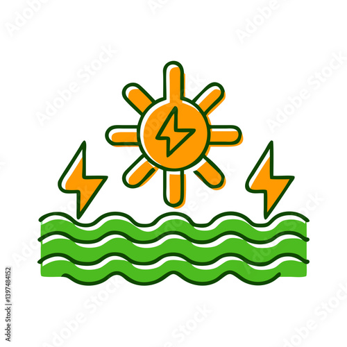 Tidal Energy Icon with Sun and Waves on Transparent Background  
