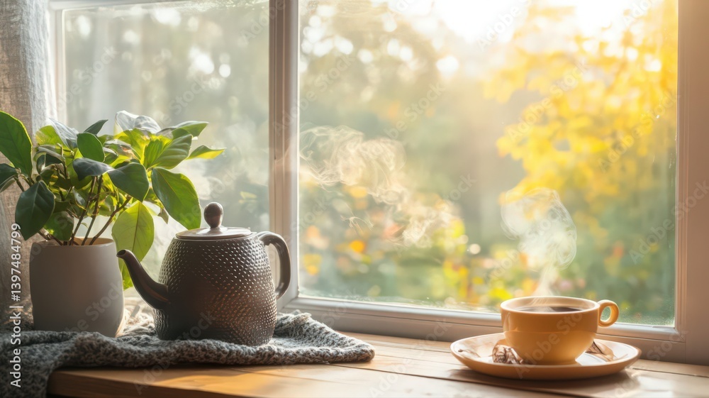 Warm Autumn Sunlight Illuminates Tea and Plant on Window Sill