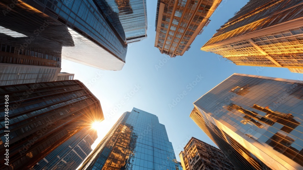 Voxelated Skyscrapers Reach Towards Blue Sky with Golden Sunlight in a Detailed Low Angle Cityscape Digital Abstract Architecture